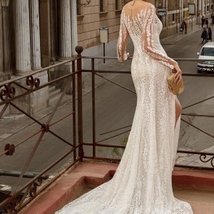 innocentia divina 2020 bridal long sleeves illusion bateau sweetheart neckline full embellishment slit skirt elegant sexy modified a  line wedding dress sheer lace back chapel train (10) bv
