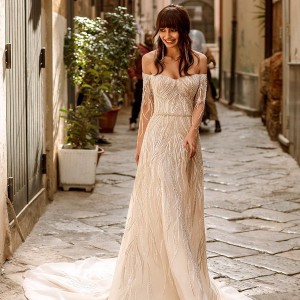 innocentia divina 2020 bridal long sleeves off the shoulder semi sweetheart neckline full embellishment romantic a  line wedding dress mid back chapel train (6) mv