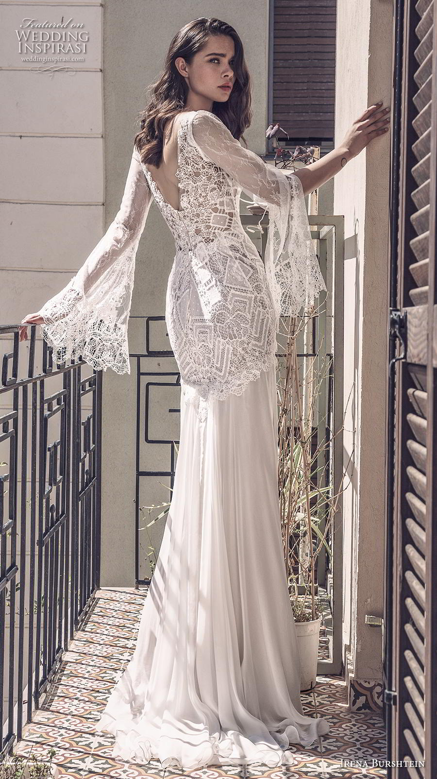 irena burshtein 2020 bridal long bell sleeves v neck heavily embellished bodice bohemian sheath wedding dress v back sweep train (3) bv