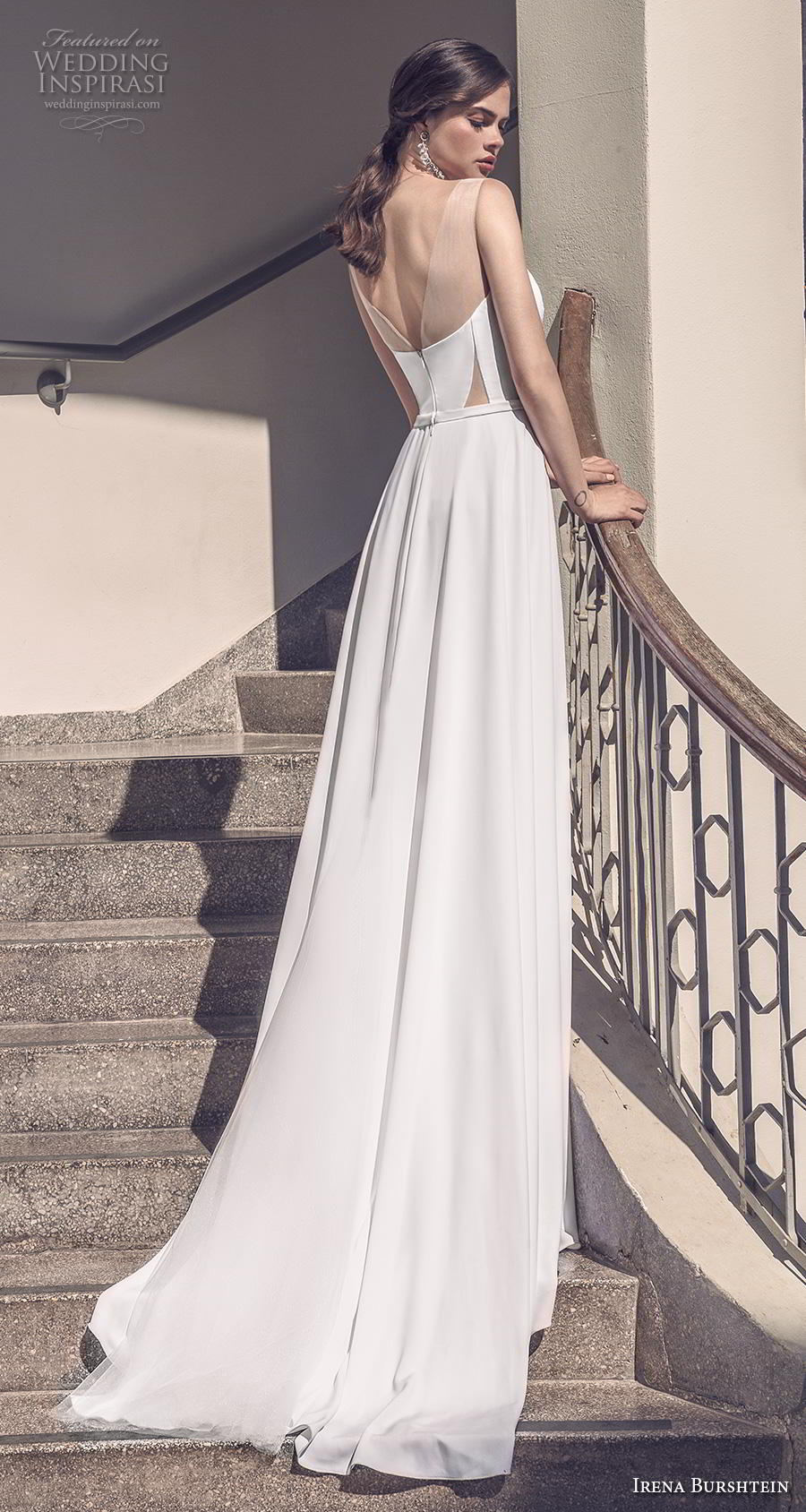 irena burshtein 2020 bridal sleeveless deep sweetheart neckline simple minimalist elegant slit skirt sheath wedding dress backless v back chapel train (7) bv