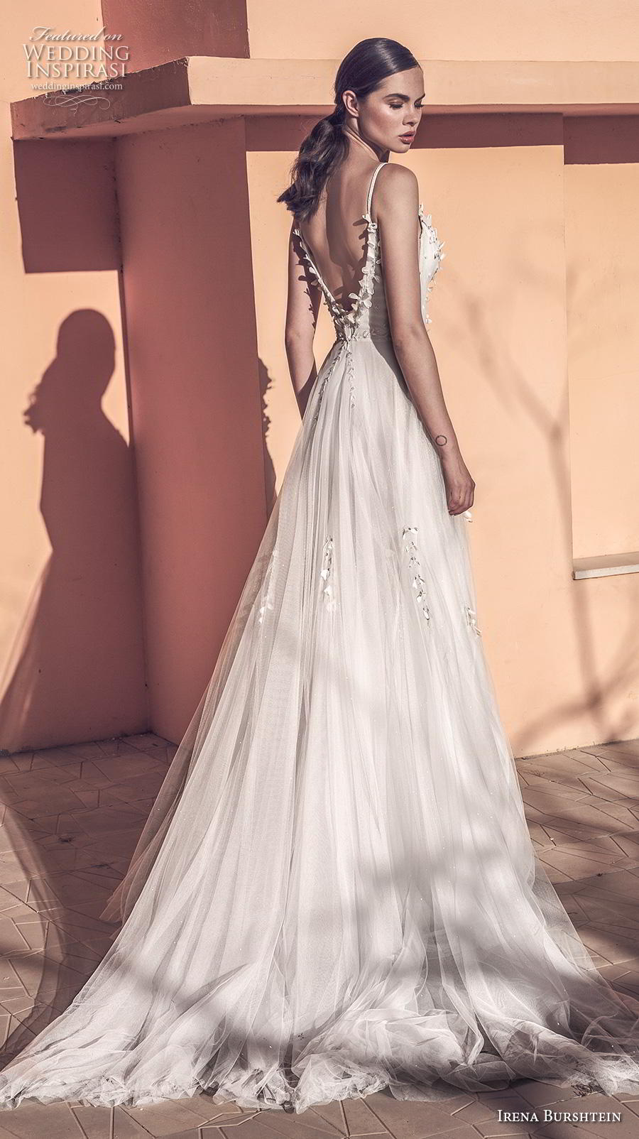 irena burshtein 2020 bridal sleeveless thin strap deep plunging sweetheart neckline heavily embellished bodice tulle skirt romantic soft a  line wedding dress backless v back chapel train (9) bv