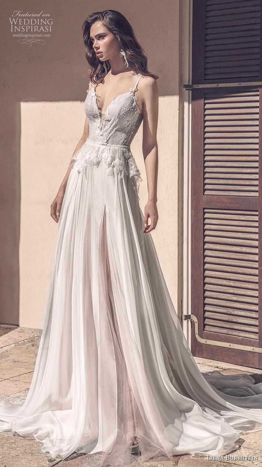 irena burshtein 2020 bridal sleeveless thin strap deep sweetheart neckline heavily embellished bodice romantic soft a  line wedding dress backless scoop back chapel train (2) mv