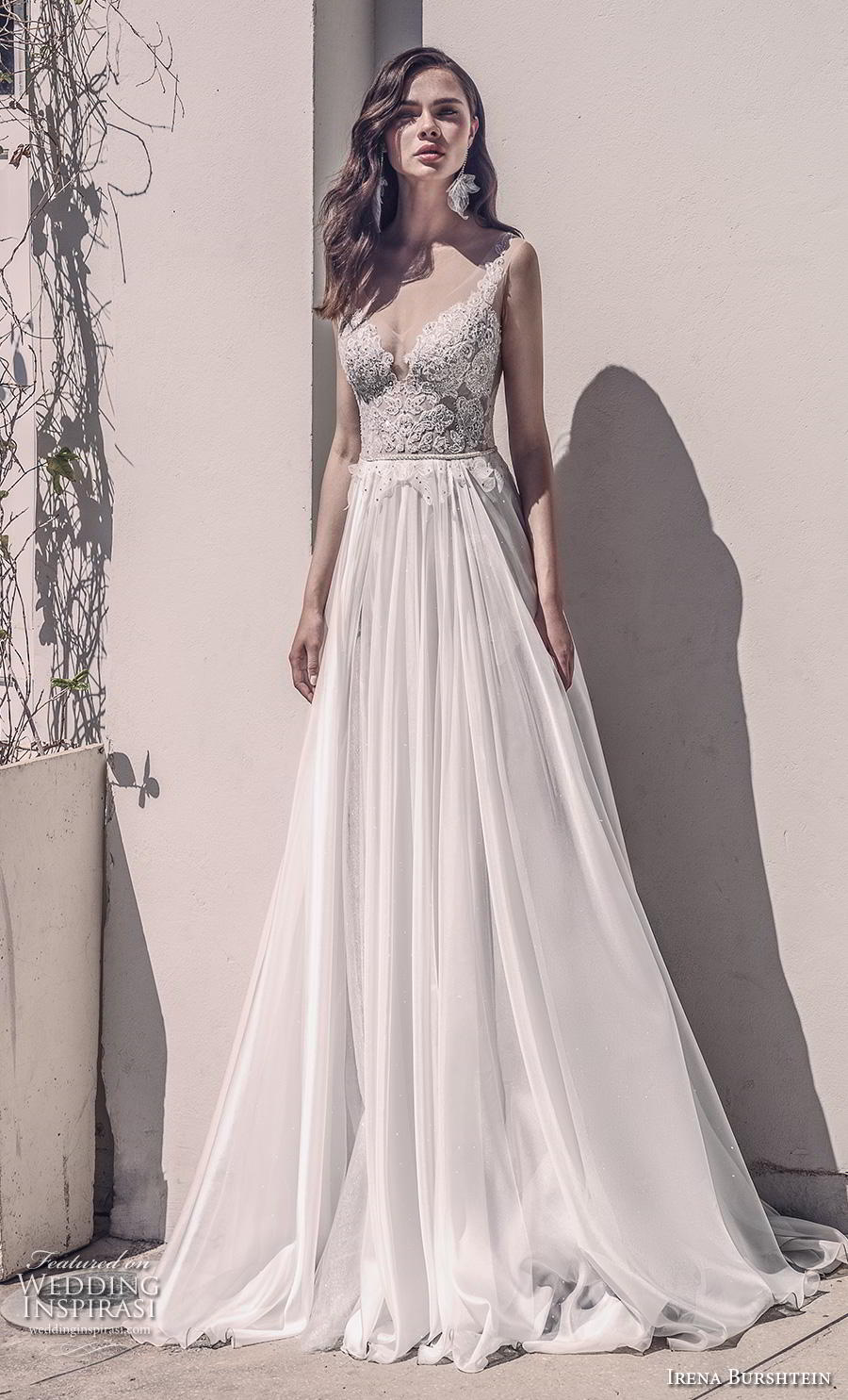 irena burshtein 2020 bridal sleeveless thin strap deep sweetheart neckline heavily embellished bodice romantic soft a  line wedding dress v back chapel train (6) mv 