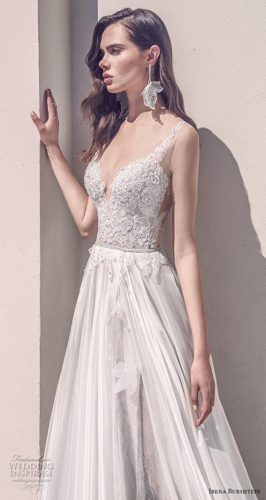 irena burshtein 2020 bridal sleeveless thin strap deep sweetheart neckline heavily embellished bodice romantic soft a  line wedding dress v back chapel train (6) zv