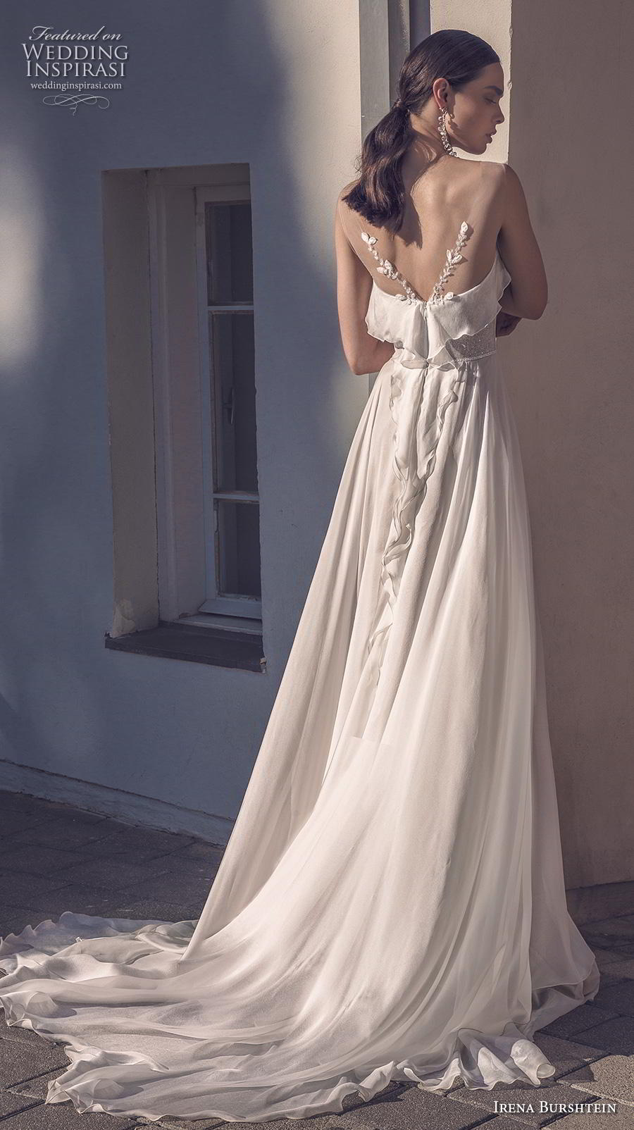 irena burshtein 2020 bridal sleeveless thin strap deep sweetheart neckline simple bohemian soft a  line wedding dress v back medium train (11) bv