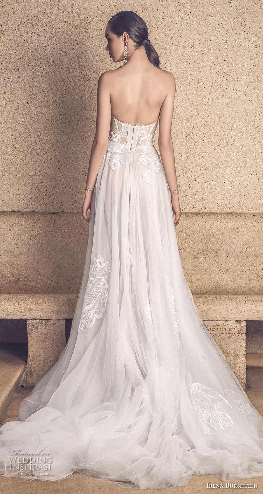 irena burshtein 2020 bridal strapless sweetheart neckline heavily embellished bodice romantic soft a  line wedding dress mid back chapel train (10) bv