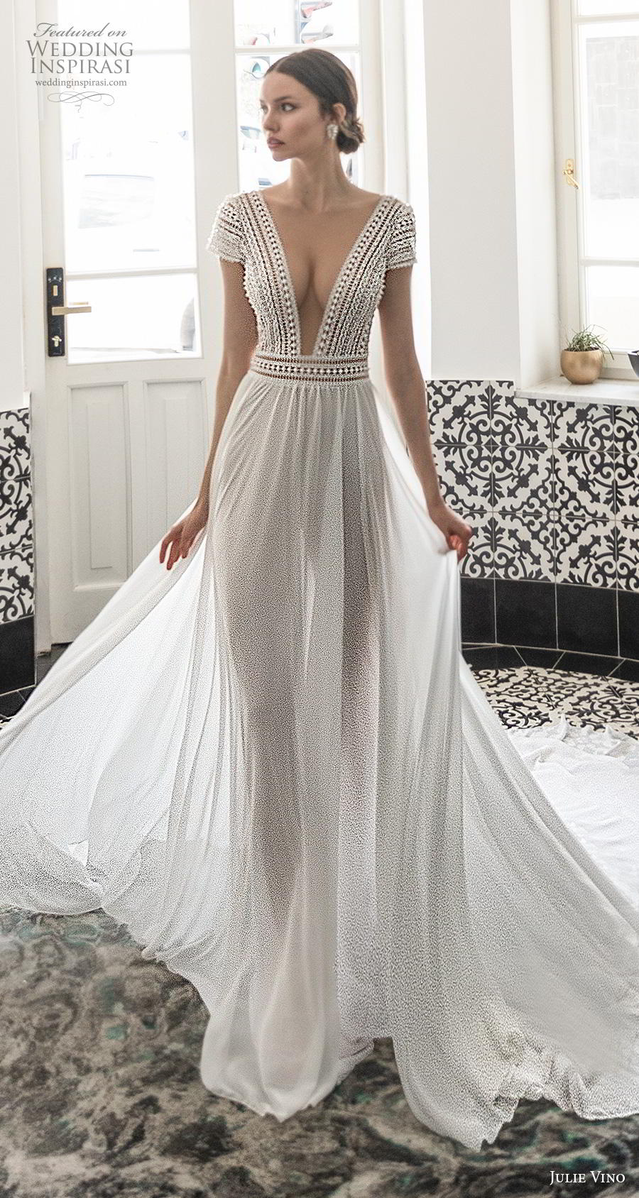 julie vino 2020 romanzo bridal cap sleeves deep v neck heavily embellished bodice skirt elegant sexy soft a  line wedding dress v back long train (9) lv