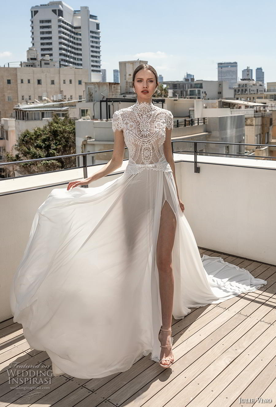 julie vino 2020 romanzo bridal cap sleeves high neckline heavily embellished bodice slit skirt elegant romantic soft a  line wedding dress chapel train (8) mv