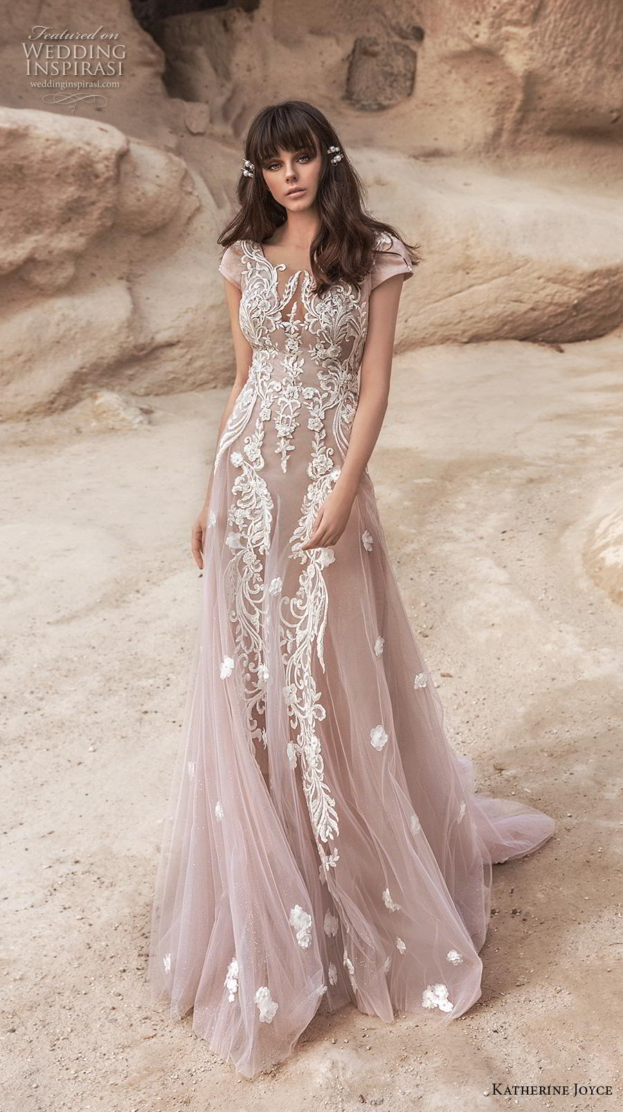 katherine joyce 2020 bridal cap sleeves illusion bateau v neck full embellishment romantic blush soft a  line wedding dress backless v back chapel train (2) mv