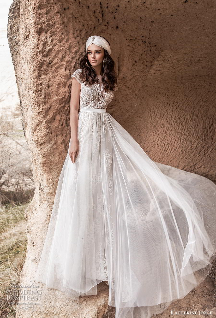 katherine joyce 2020 bridal cap sleeves illusion bateau v neck heavily embellished bodice tulle skirt romantic soft a  line wedding dress backless low back chapel train (9) mv