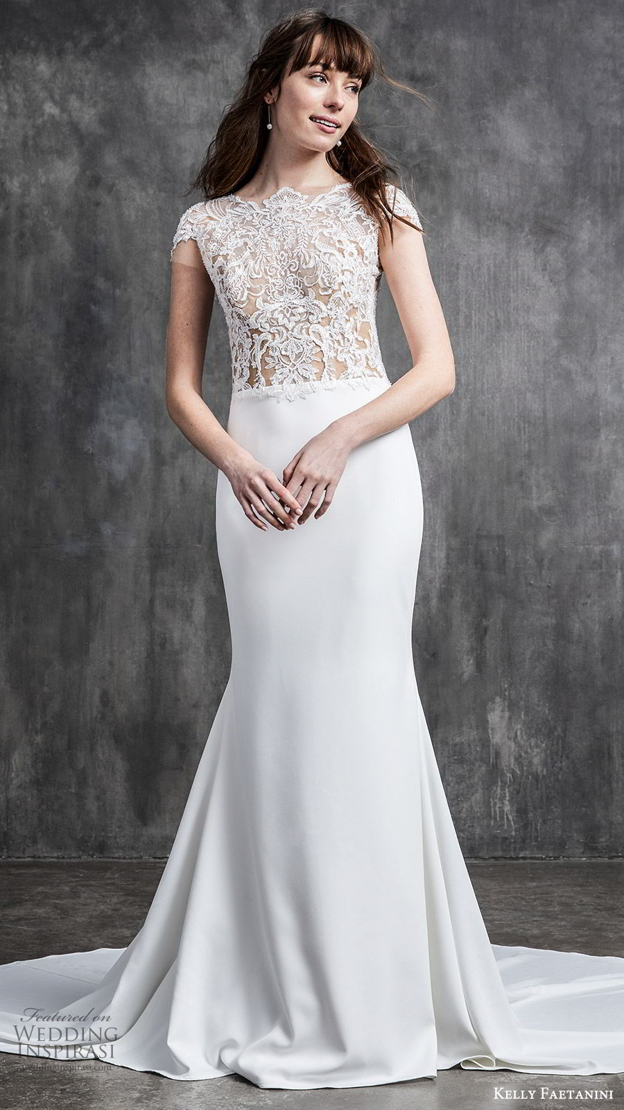 kelly faetanini spring 2020 bridal cap sleeves illusion bodice bateau neckline sheer lace bodice fit flare sheath mermaid wedding dress (1) elegant romantic chapel train mv