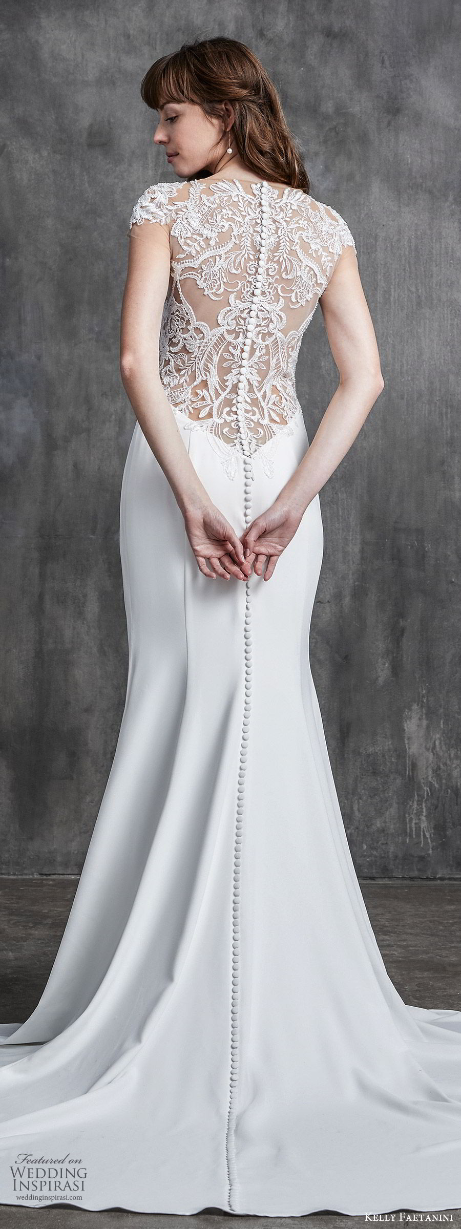 kelly faetanini spring 2020 bridal cap sleeves illusion bodice bateau neckline sheer lace bodice fit flare sheath mermaid wedding dress (1) elegant romantic sheer back chapel train lv