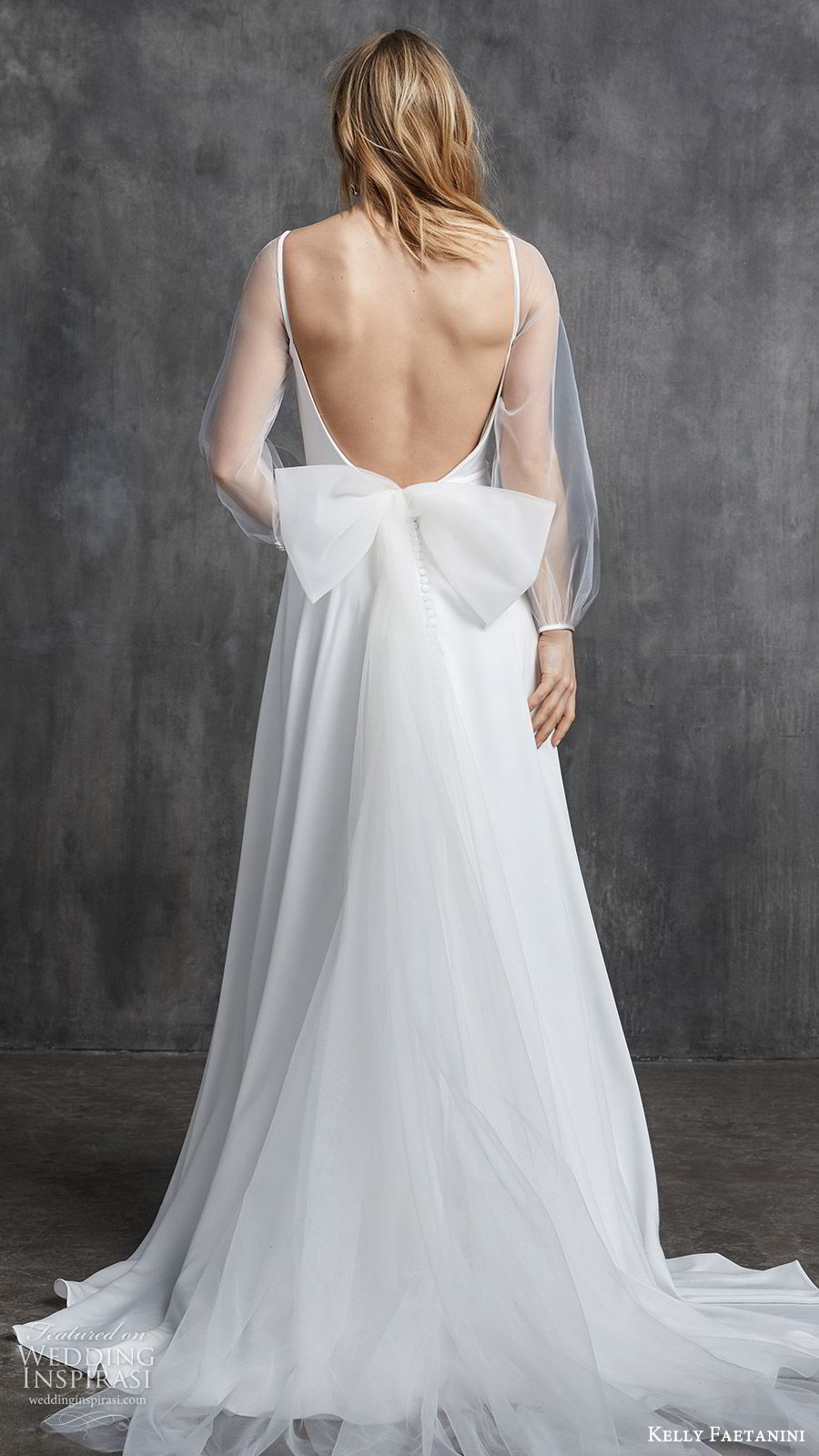 kelly faetanini spring 2020 bridal illusion bishop sleeves bateau neckline a line minimally embellished simple wedding dress (11) chapel train clean modern bv