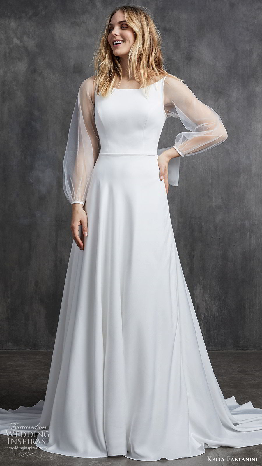 kelly faetanini spring 2020 bridal illusion bishop sleeves bateau neckline a line minimally embellished simple wedding dress (11) chapel train clean modern mv