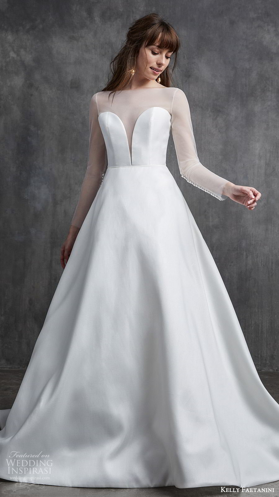 kelly faetanini spring 2020 bridal illusion long sleeves sheer bateau neck split sweetheart neckline a line ball gown wedding dress (4) princess elegant mv