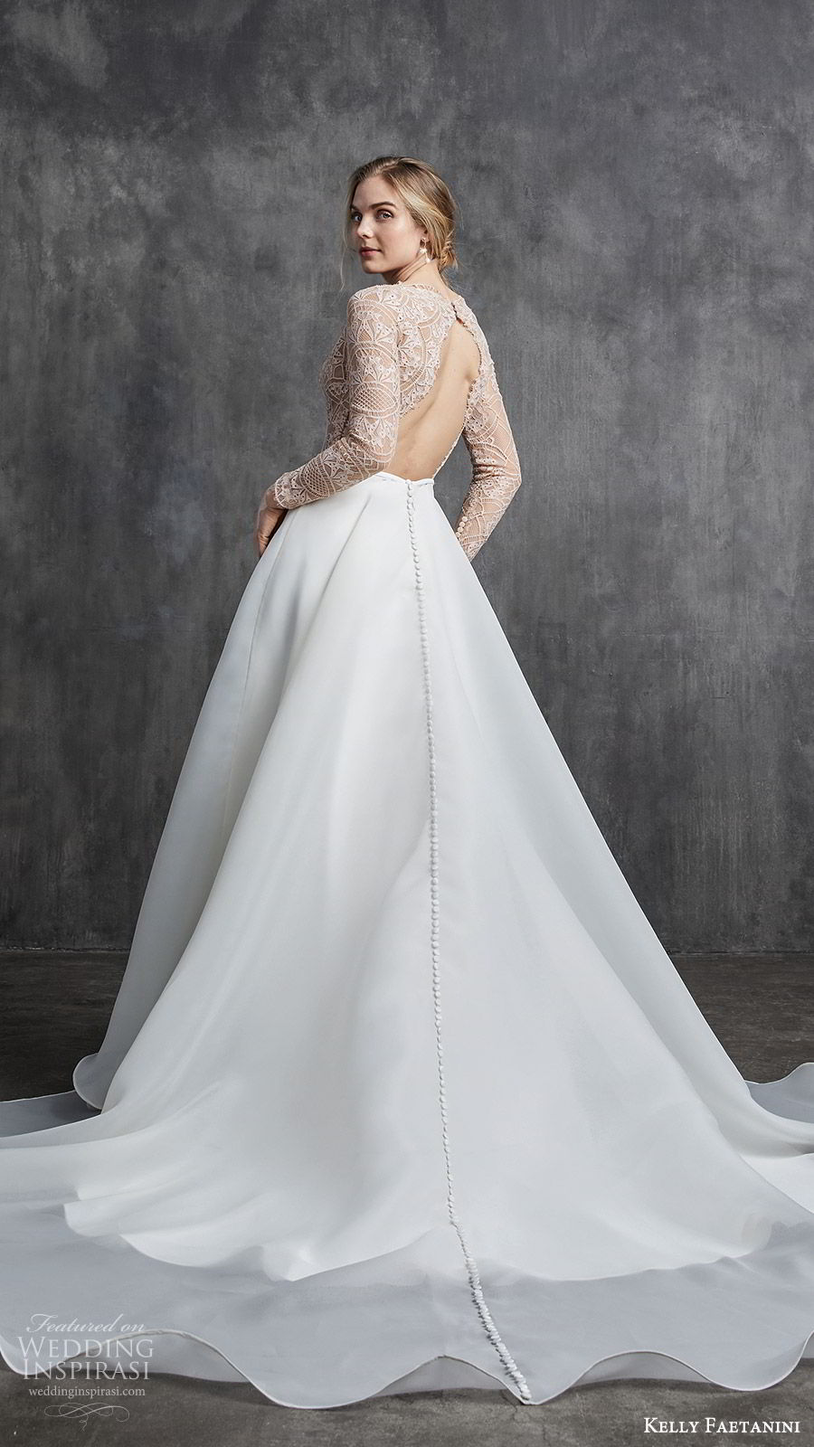 kelly faetanini spring 2020 bridal illusion long sleeves v neckline lace bodice fit flare modified a line ball gown wedding dress (2) chapel train elegant nude color keyhole back bv