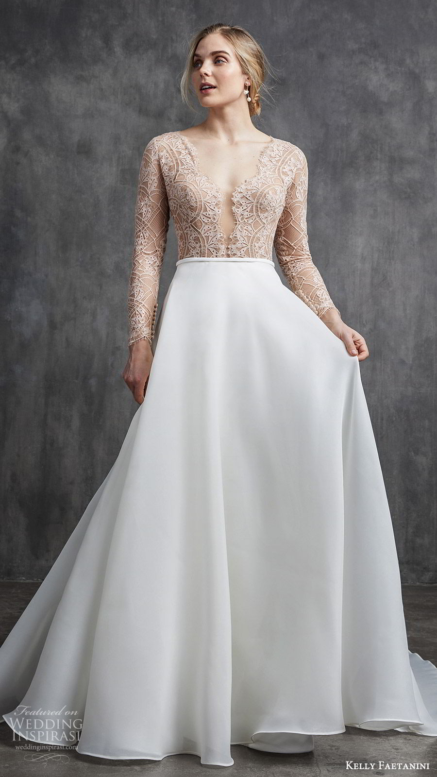 kelly faetanini spring 2020 bridal illusion long sleeves v neckline lace bodice fit flare modified a line ball gown wedding dress (2) chapel train elegant nude color mv