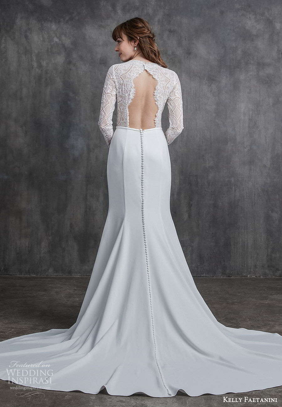 kelly faetanini spring 2020 bridal illusion long sleeves v neckline lace bodice fit flare modified a line mermaid wedding dress (2) chapel train elegant keyhole back bv