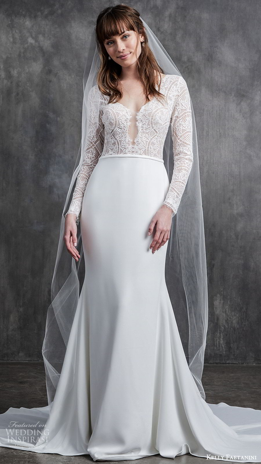 kelly faetanini spring 2020 bridal illusion long sleeves v neckline lace bodice fit flare modified a line mermaid wedding dress (2) chapel train elegant mv