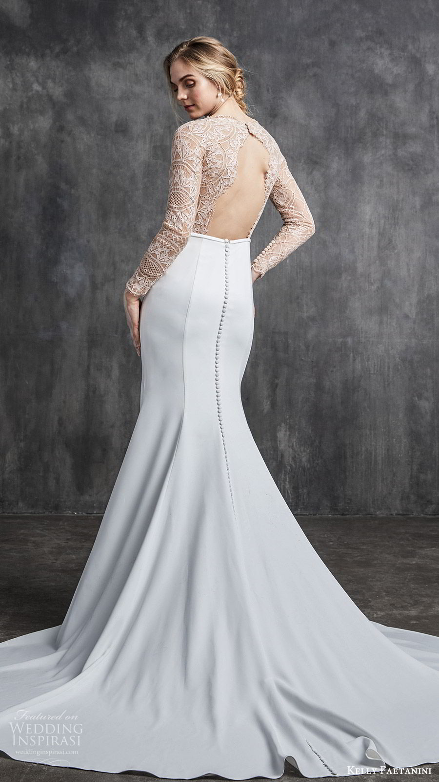 kelly faetanini spring 2020 bridal illusion long sleeves v neckline lace bodice fit flare modified a line mermaid wedding dress (2) chapel train elegant nude color keyhole back bv