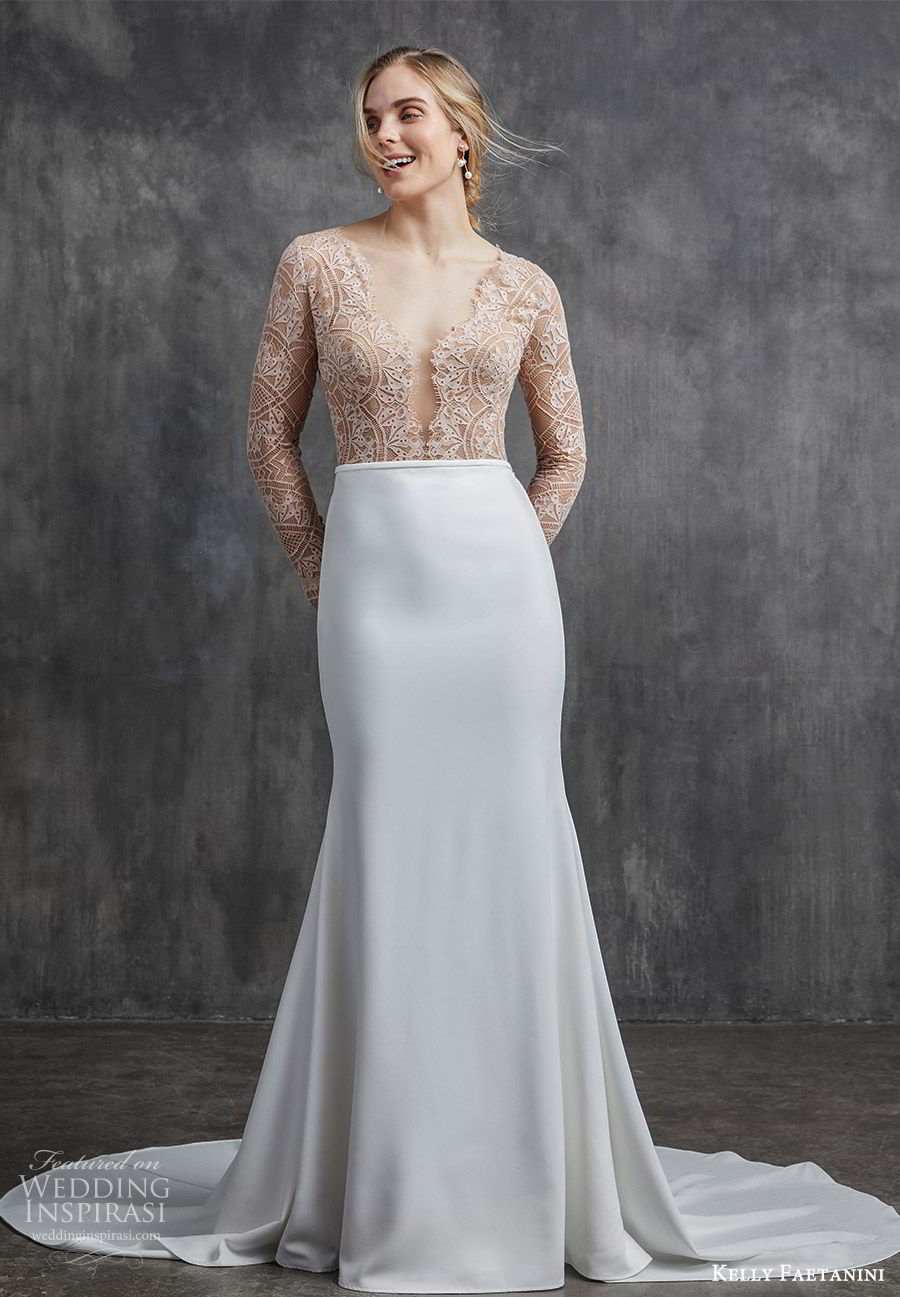 kelly faetanini spring 2020 bridal illusion long sleeves v neckline lace bodice fit flare modified a line mermaid wedding dress (2) chapel train elegant nude color mv