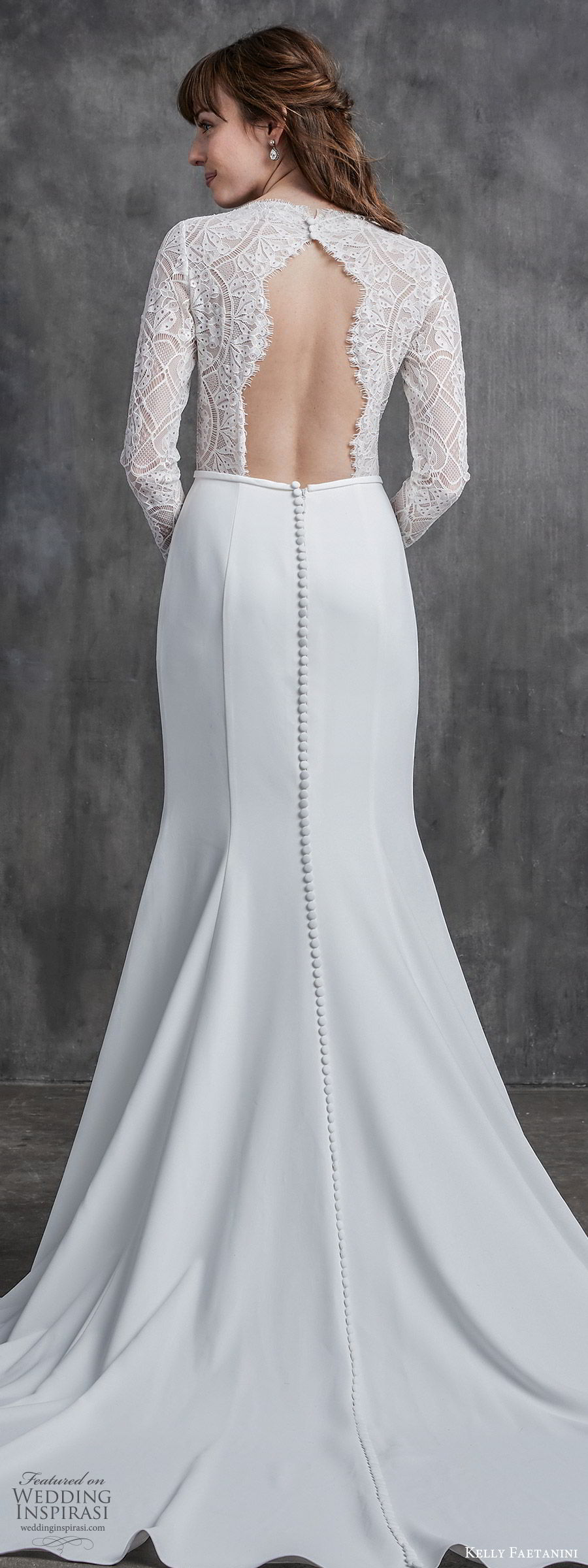 kelly faetanini spring 2020 bridal illusion long sleeves v neckline lace bodice fit flare modified a line mermaid wedding dress (2) chapel train elegant zbv