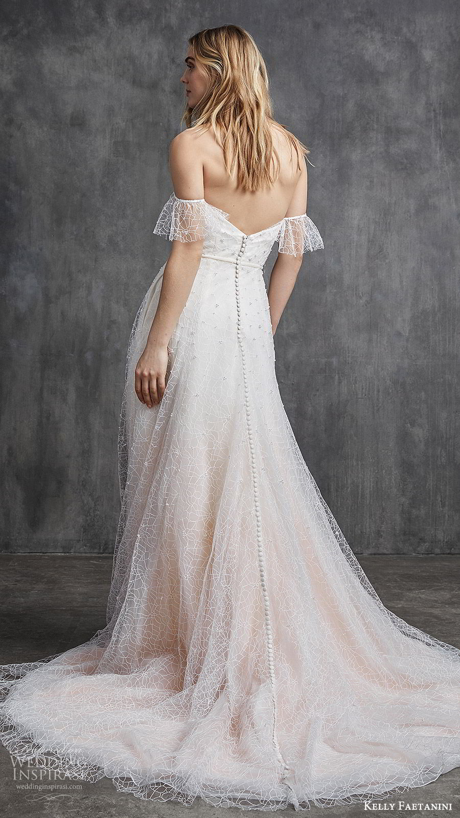 kelly faetanini spring 2020 bridal off shoulder illusion flutter sleeves sweetheart fully embellished a line ball gown wedding dress (7) ombre blush chapel train bv