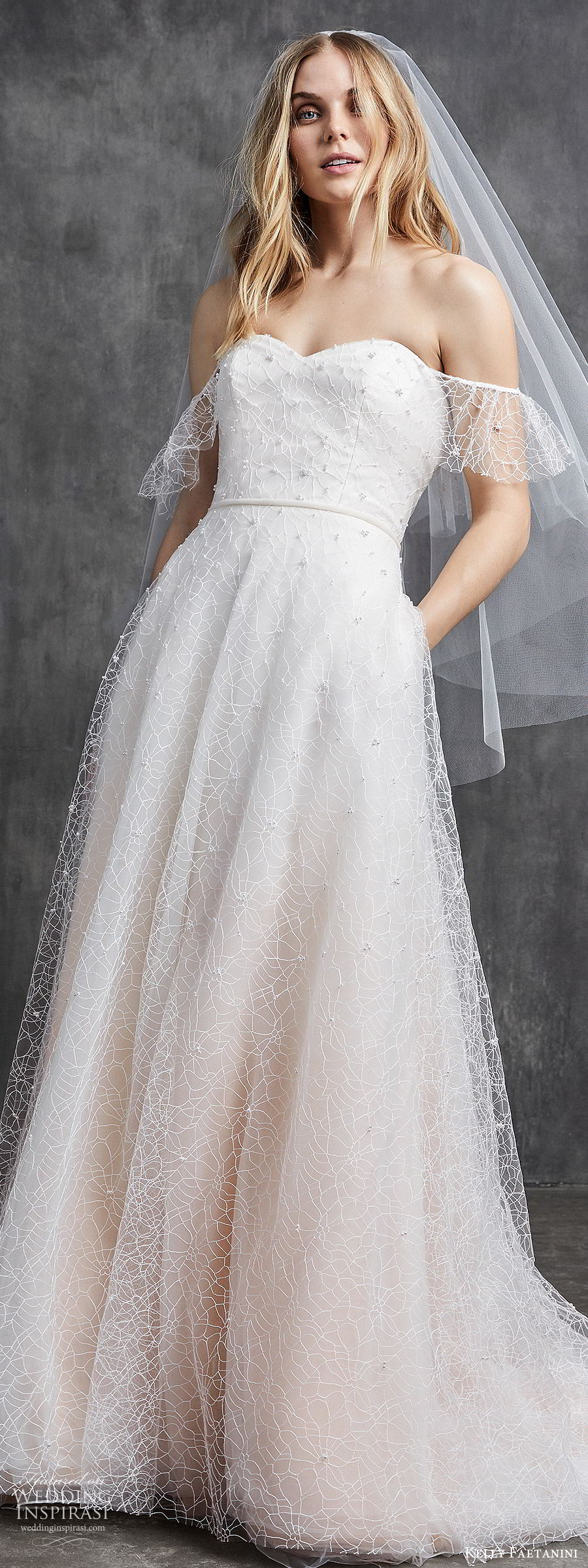 kelly faetanini spring 2020 bridal off shoulder illusion flutter sleeves sweetheart fully embellished a line ball gown wedding dress (7) ombre blush chapel train lv