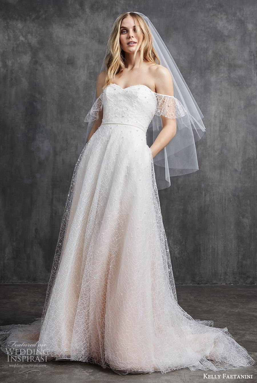 kelly faetanini spring 2020 bridal off shoulder illusion flutter sleeves sweetheart fully embellished a line ball gown wedding dress (7) ombre blush chapel train mv