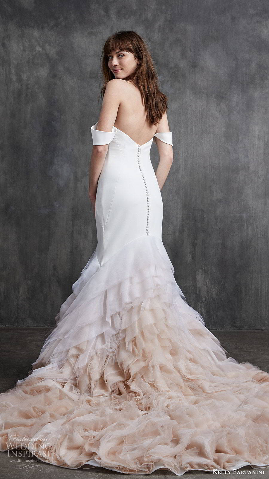 kelly faetanini spring 2020 bridal off shoulder split sweetheart neckline fit flare mermaid ruffle skirt wedding dress (5) clean chapel train ombre blush bv