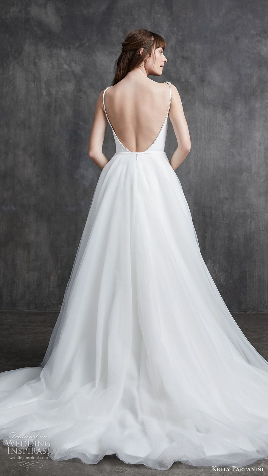 kelly faetanini spring 2020 bridal sleeveless beaded straps bateau neckline sheath wedding dress (10) ball gown overskirt low open back chapel train clean minimalist bv