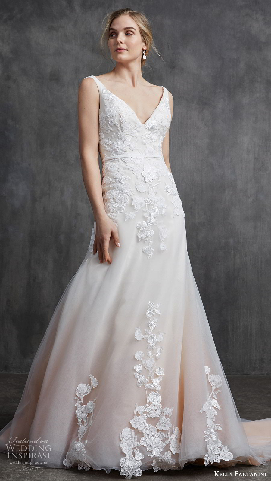 kelly faetanini spring 2020 bridal sleeveless thick straps v neckline embellished bodice fit flare modified a line (6) chapel train ombre blush mv