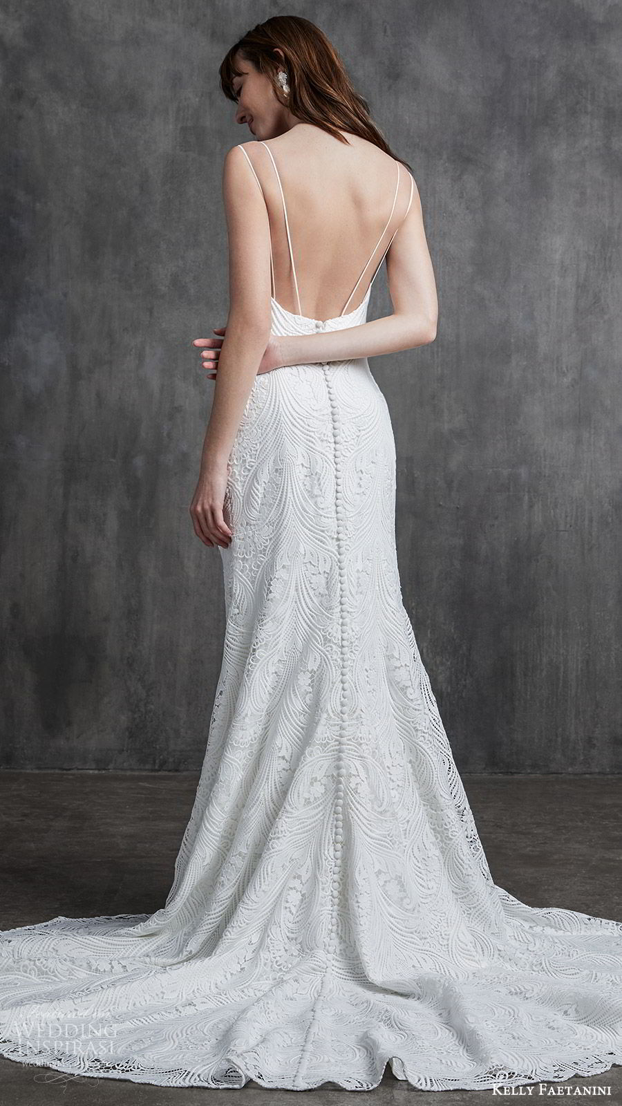 kelly faetanini spring 2020 bridal sleeveless thin strpas v neckline sheath mermaid lace wedding dress (3) low back chapel train elegant bv