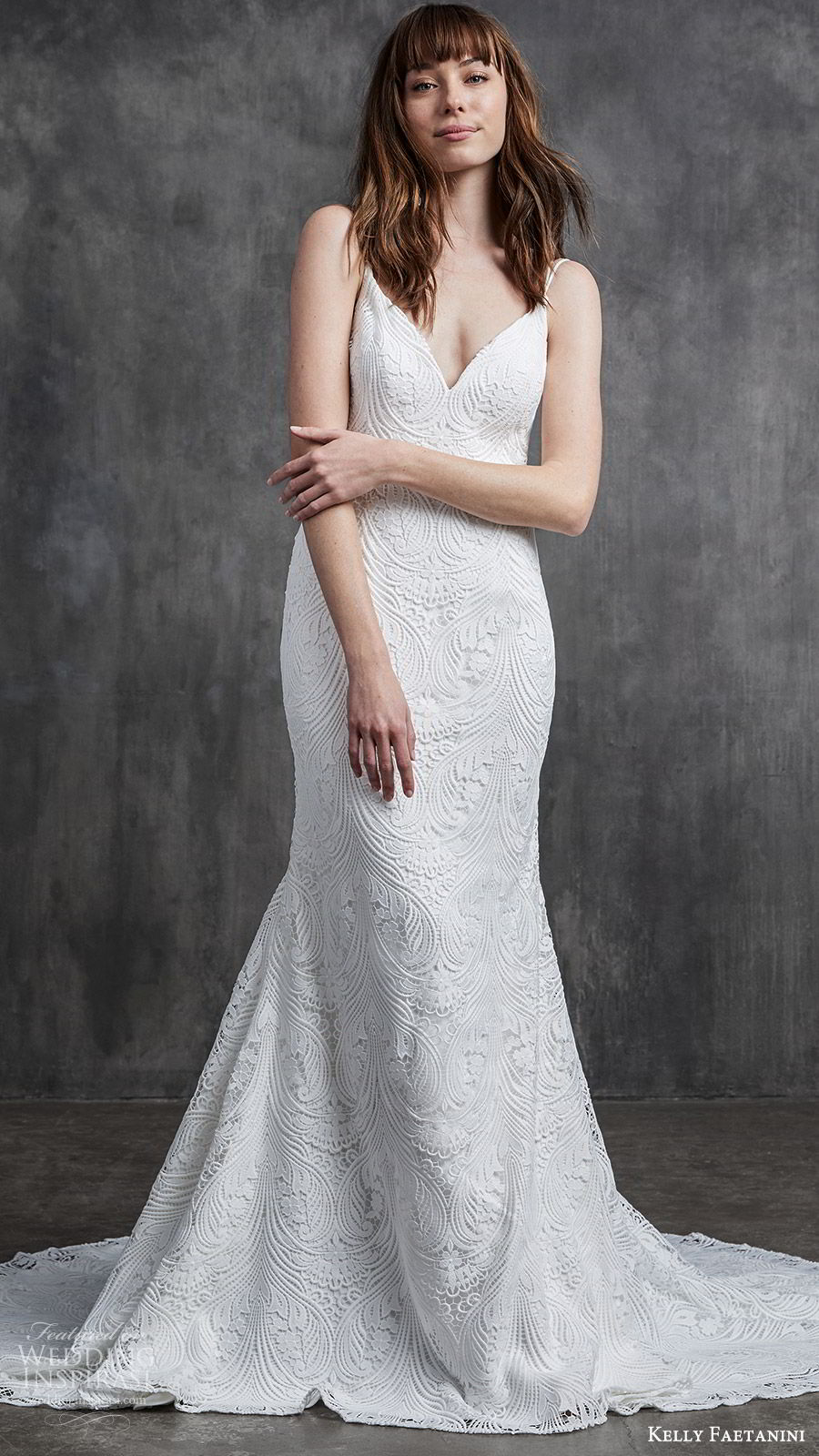 kelly faetanini spring 2020 bridal sleeveless thin strpas v neckline sheath mermaid lace wedding dress (3) low back chapel train elegant mv