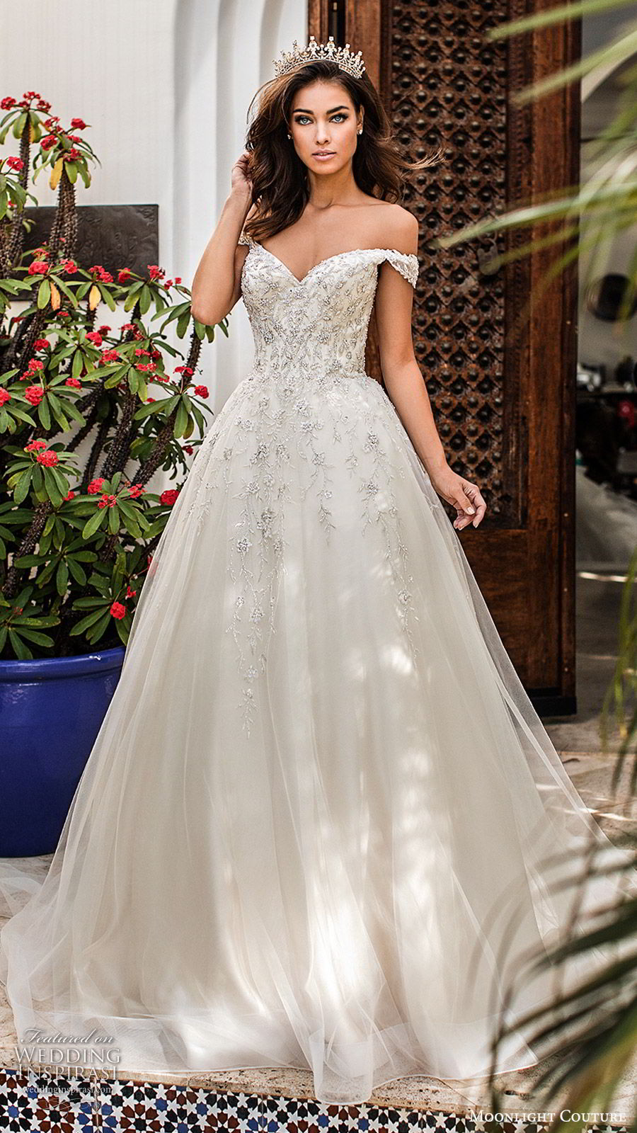 moonlight couture fall 2019 bridal off shoulder sweetheart embellished bodice a line ball gown wedding dress (7) princess romantic glitzy sheer back chapel train mv