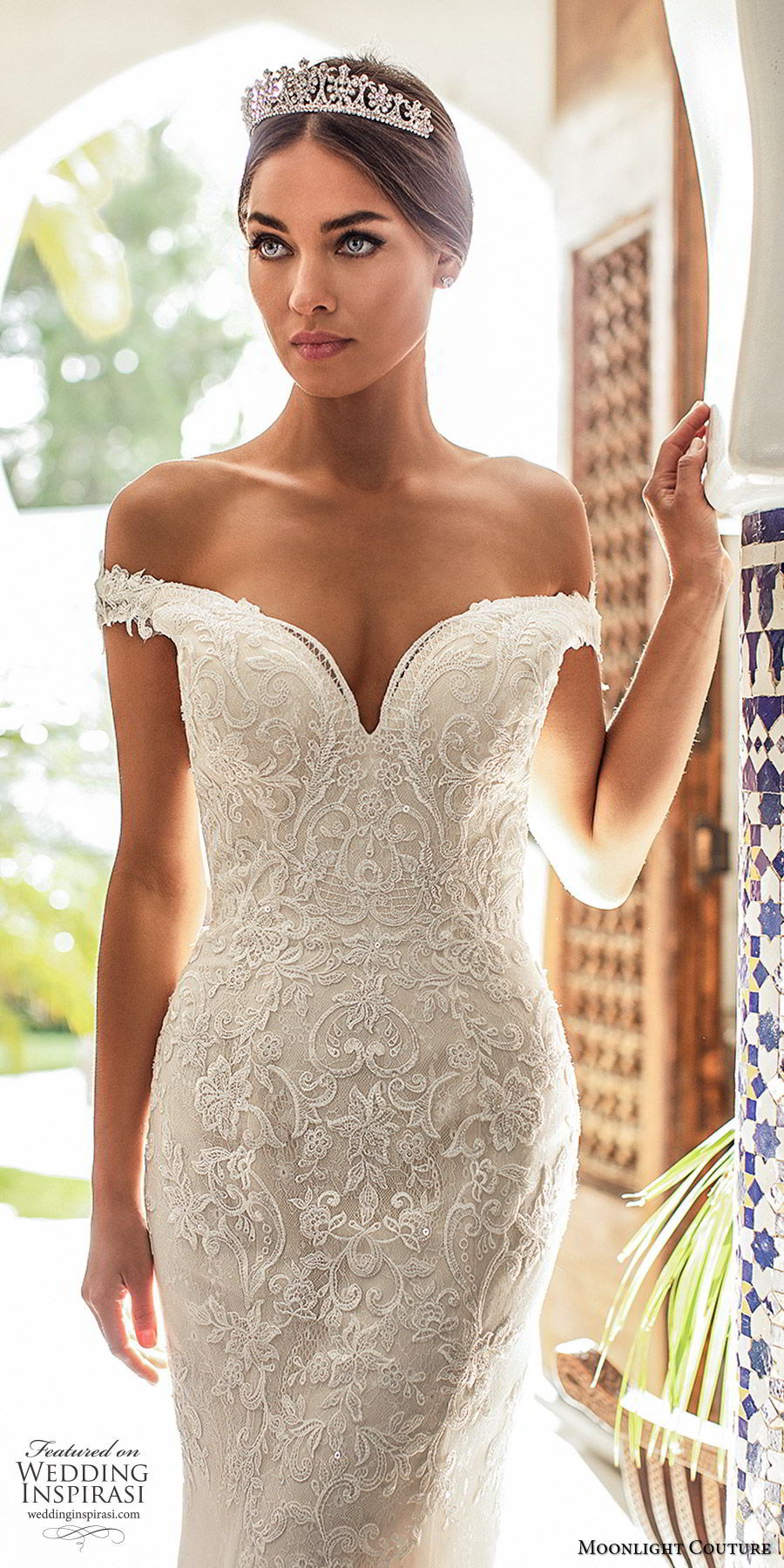 moonlight couture fall 2019 bridal off shoulder sweetheart neckline fully embellished lace mermaid sheath wedding dress (2) elegant glam romantic chapel train zv