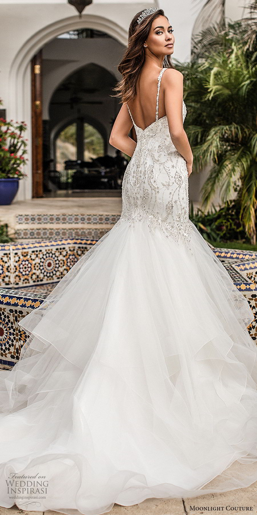 moonlight couture fall 2019 bridal sleeveless beaded sleeves sweetheart embellished bodice ruffle skirt fit flare mermaid wedding dress (11) glitzy elegant romantic chapel train bv