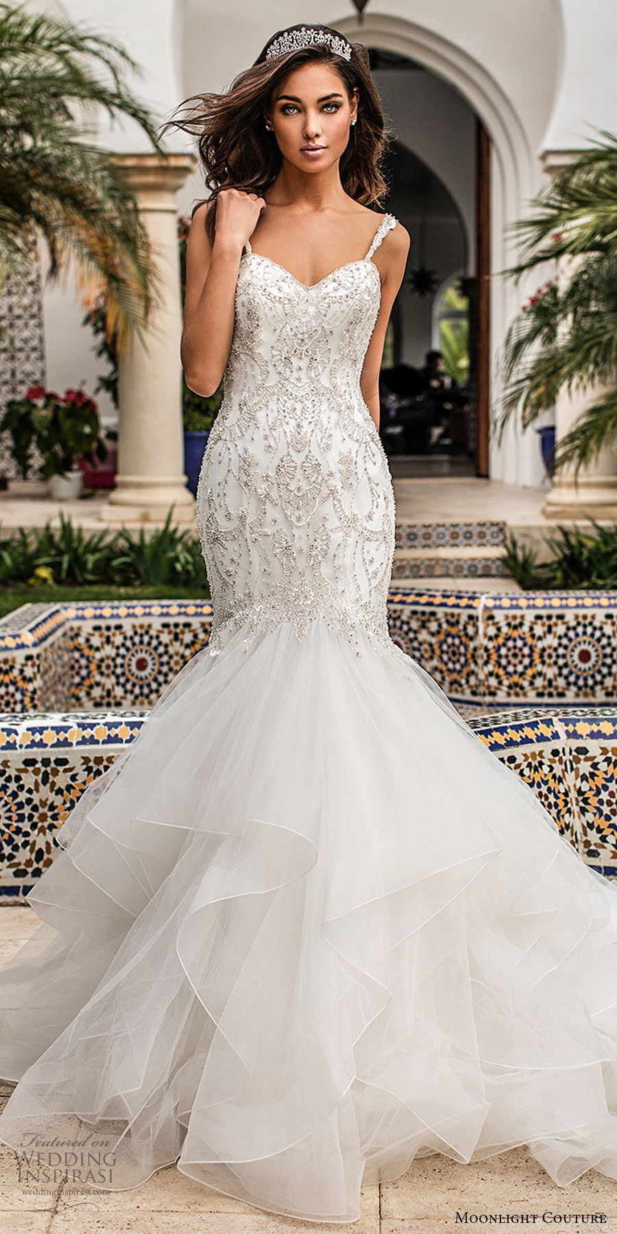 moonlight couture fall 2019 bridal sleeveless beaded sleeves sweetheart embellished bodice ruffle skirt fit flare mermaid wedding dress (11) glitzy elegant romantic chapel train mv