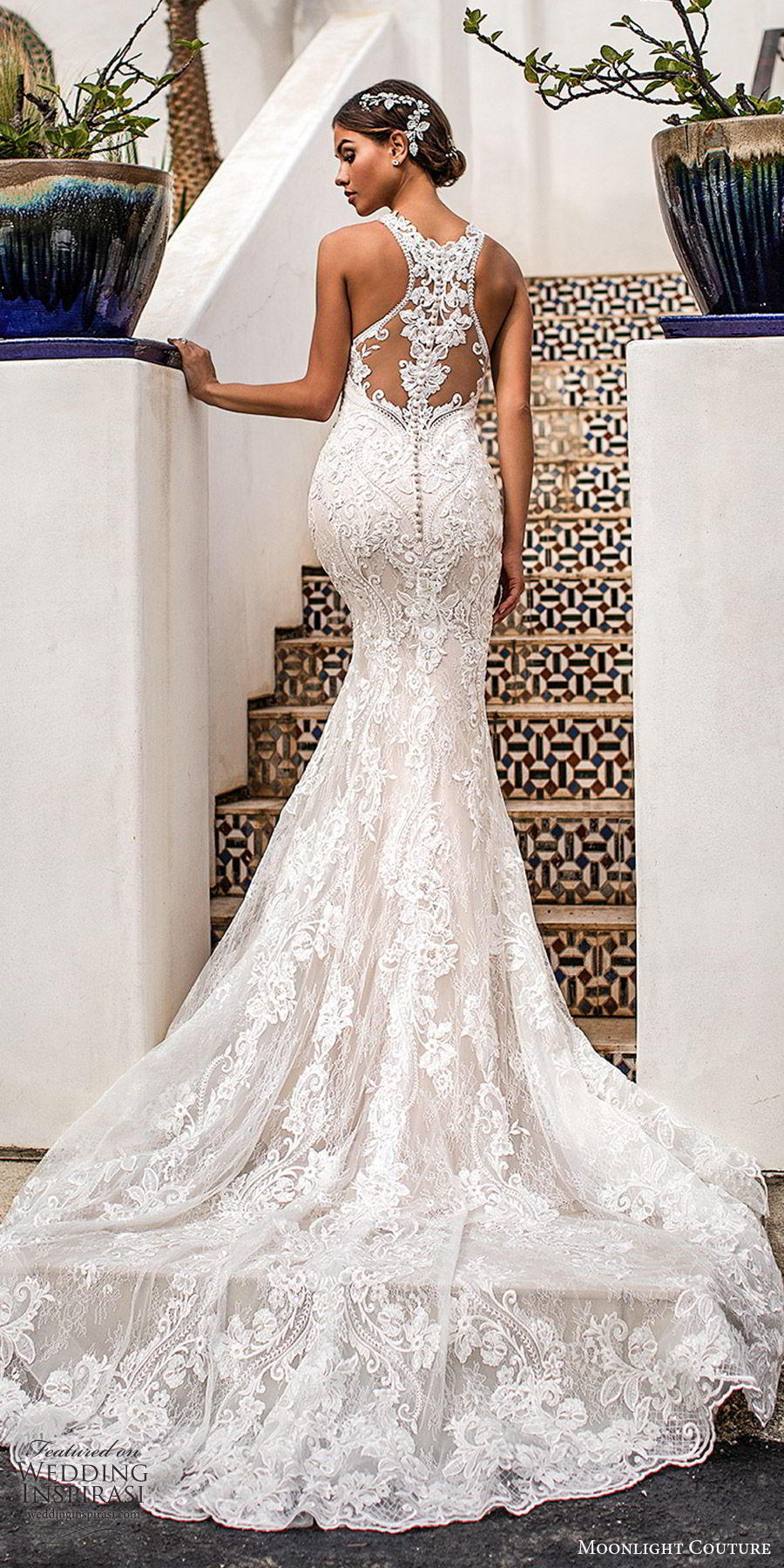 moonlight couture fall 2019 bridal sleeveless illusion hatler neckline fully embellished lace sheath mermaid wedding dress (6) glitzy glam elegant illusion back chapel train bv