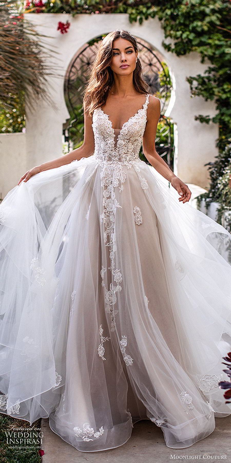 moonlight couture fall 2019 bridal sleeveless lace straps sweetheart neckline embellished bodice a line ball gown wedding dress (1) romantic princess tiered skirt chapel train blush mv