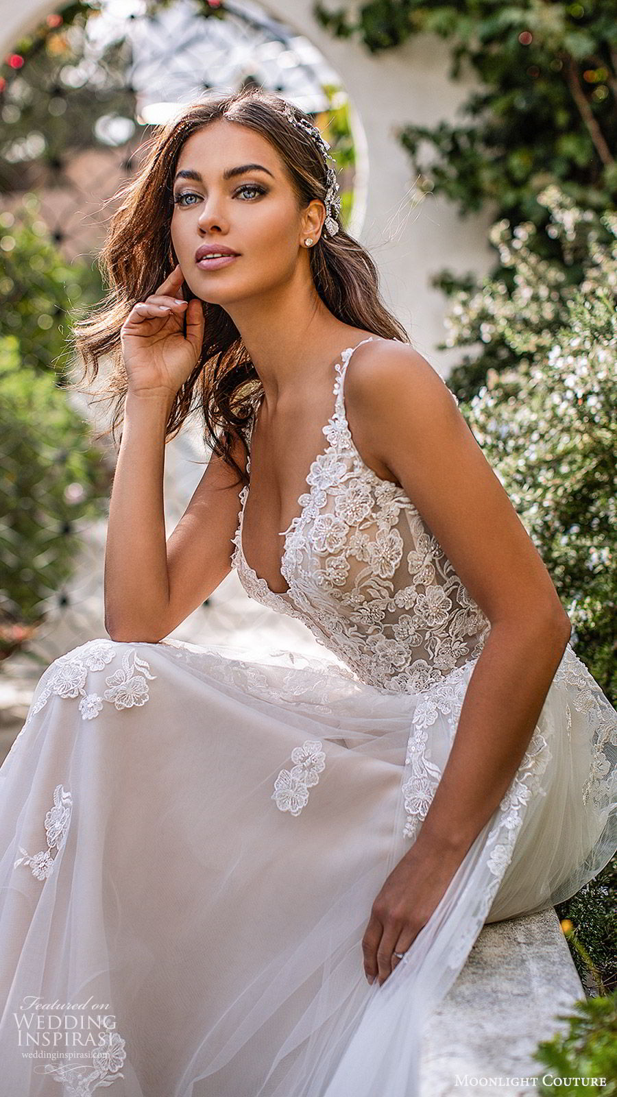 moonlight couture fall 2019 bridal sleeveless lace straps sweetheart neckline embellished bodice a line ball gown wedding dress (1) romantic princess tiered skirt chapel train blush zsv