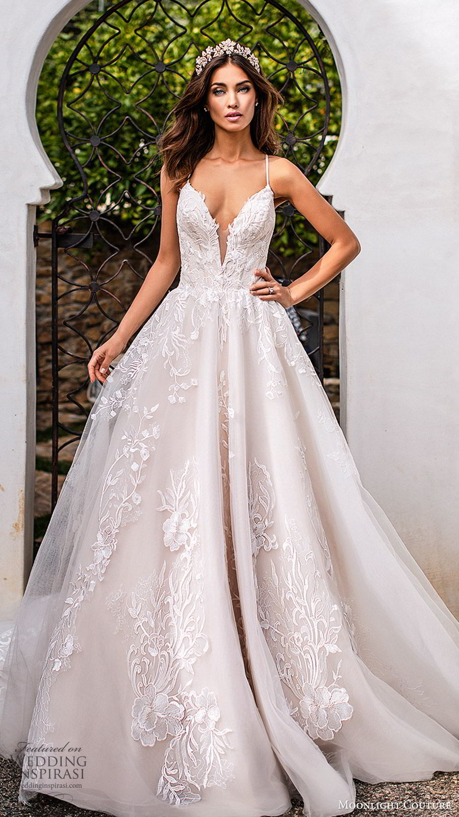 moonlight couture fall 2019 bridal sleeveless thin straps split sweetheart neckline fully embellished a line ball gown wedding dress (9) romantic princess low back chapel train mv