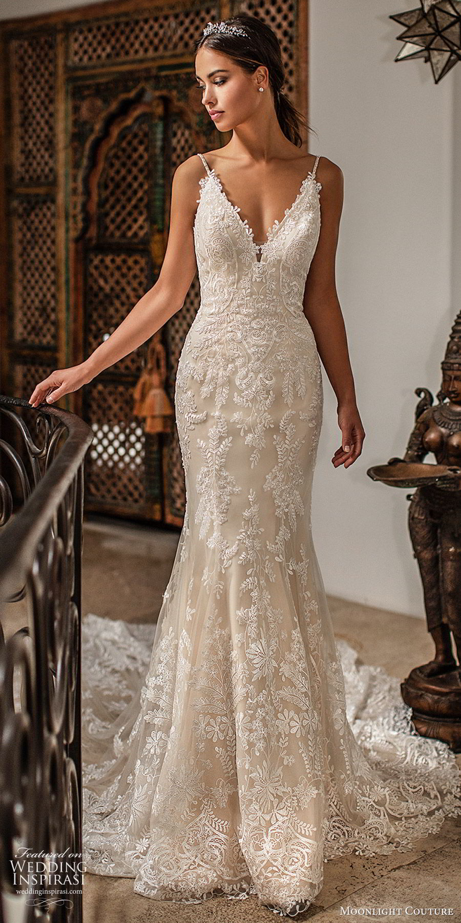 moonlight couture fall 2019 bridal sleeveless thin straps v neckline fully embellished lace sheath fit flare mermaid wedding dress (4) elegant low back chapel train champagne mv