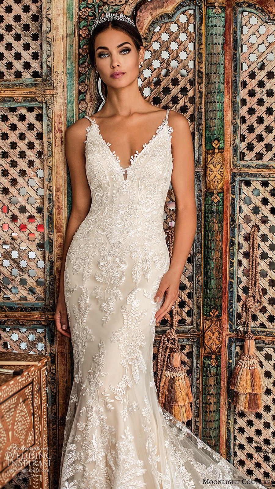 moonlight couture fall 2019 bridal sleeveless thin straps v neckline fully embellished lace sheath fit flare mermaid wedding dress (4) elegant low back chapel train champagne zv