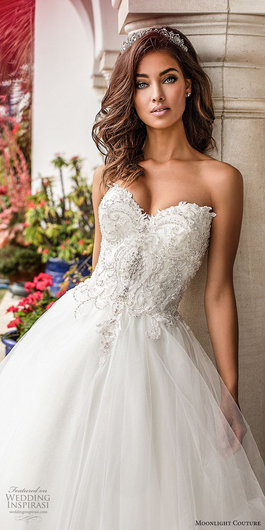 moonlight couture fall 2019 bridal strapless sweetheart embellished bodice tiered skirt a line ball gown wedding dress (10) romantic princess chapel train zv