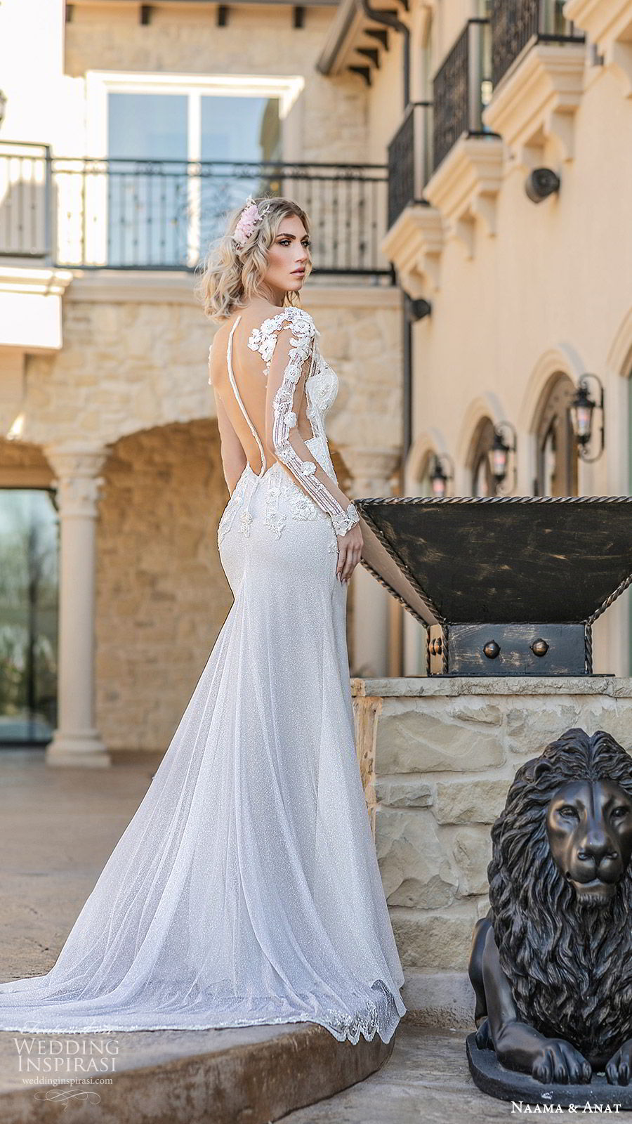 naama anat spring 2020 bridal illusion long sleeves split deep v neckline fully embellished sheath wedding dress (4) sheer back chapel train elegant glam bv