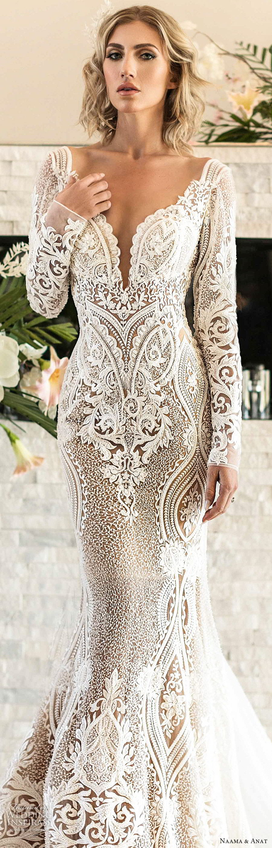 naama anat spring 2020 bridal long sleeves split sweetheart neckline lace sheath mermaid wedding dress (1) elegant modern low back chapel train lv