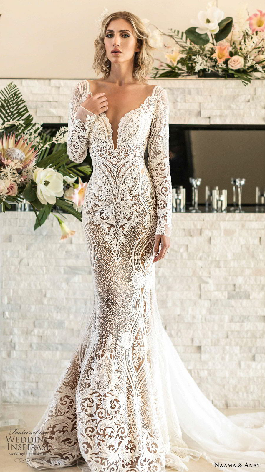 naama anat spring 2020 bridal long sleeves split sweetheart neckline lace sheath mermaid wedding dress (1) elegant modern low back chapel train mv