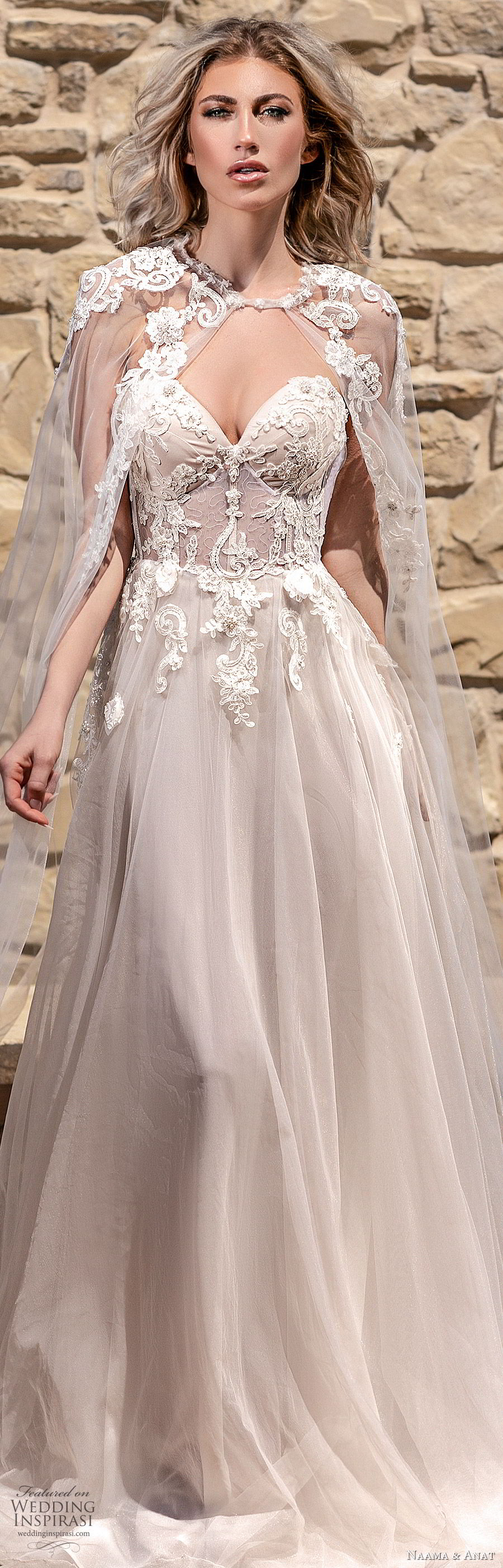 naama anat spring 2020 bridal off shoulder straps sweetheart neckline embellished bodice a line ball gown wedding dress (6) sheer cape chapel train romantic blush lv