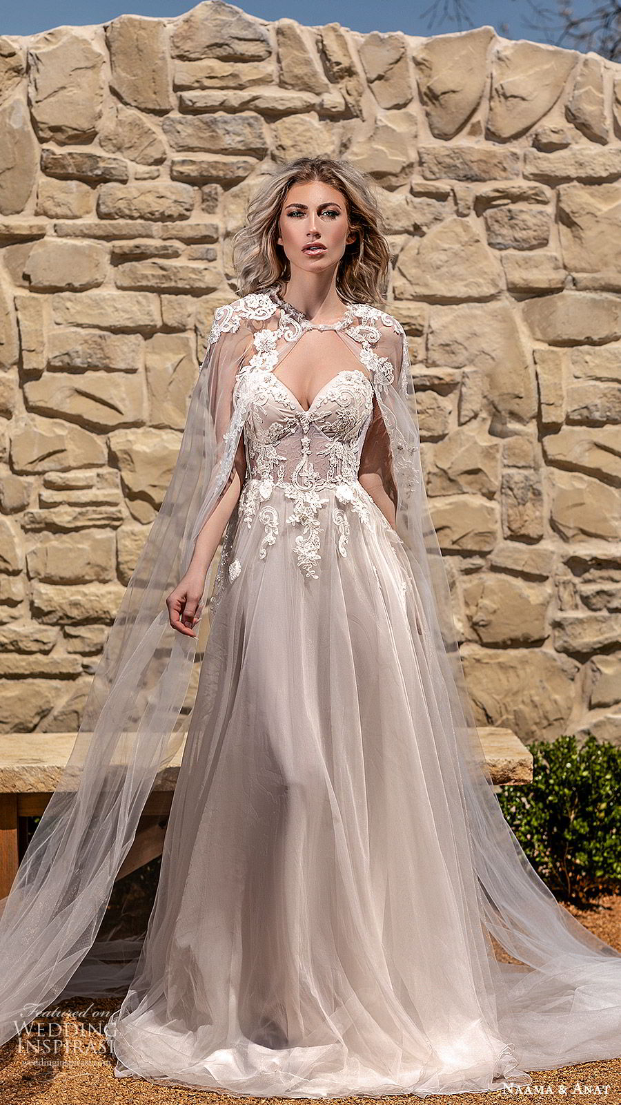 naama anat spring 2020 bridal off shoulder straps sweetheart neckline embellished bodice a line ball gown wedding dress (6) sheer cape chapel train romantic blush mv